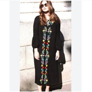 Neiman Marcus Sheer Embroidered Dress Midi Black Oversize Shift Women Large